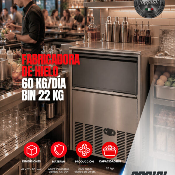 Máquina Italiana Fabricadora De Hielo 60kg/Día Bin 22kg - Full Inox. 304.