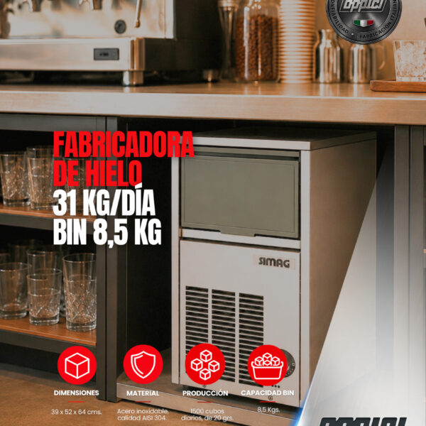Máquina Italiana Fabricadora De Hielo 31kg/Día Bin 8.5kg - Full Inox. 304.