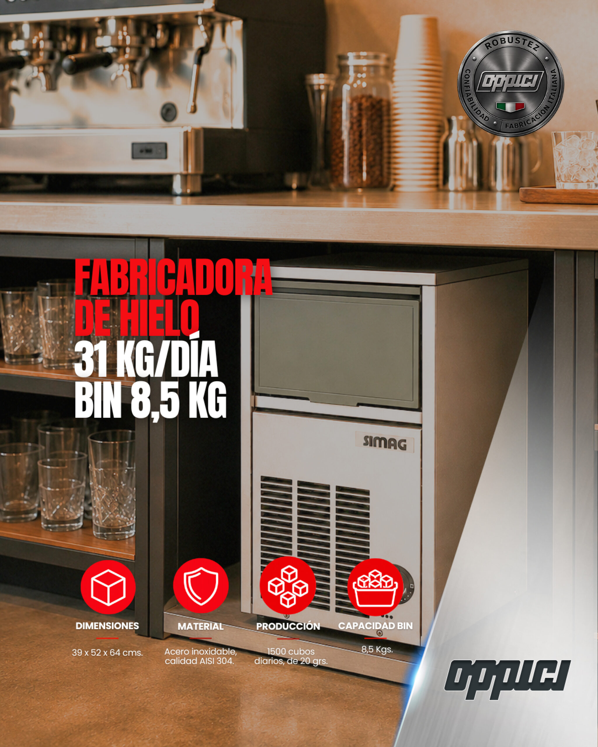 Oppici Máquina Italiana Fabricadora De Hielo 31kg/Día Bin 8.5kg - Full Inox. 304. 1 Máquina Italiana Fabricadora De Hielo 31kg/Día Bin 8.5kg - Full Inox. 304.