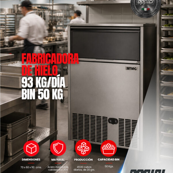 Máquina Italiana Fabricadora De Hielo 93kg/Día Bin 50kg - Full Inox. 304.