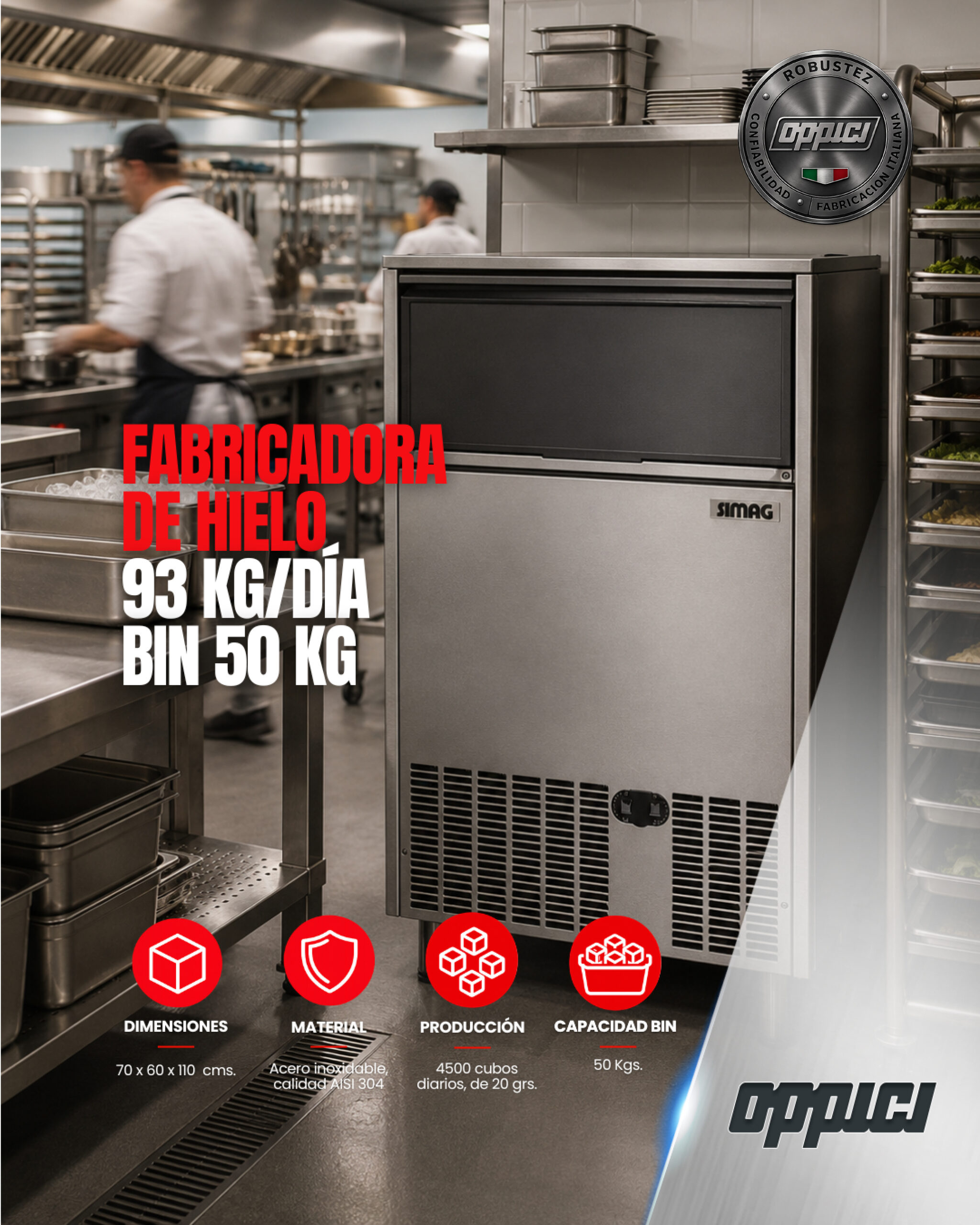 Oppici Máquina Italiana Fabricadora De Hielo 93kg/Día Bin 50kg - Full Inox. 304. 1 Máquina Italiana Fabricadora De Hielo 93kg/Día Bin 50kg - Full Inox. 304.